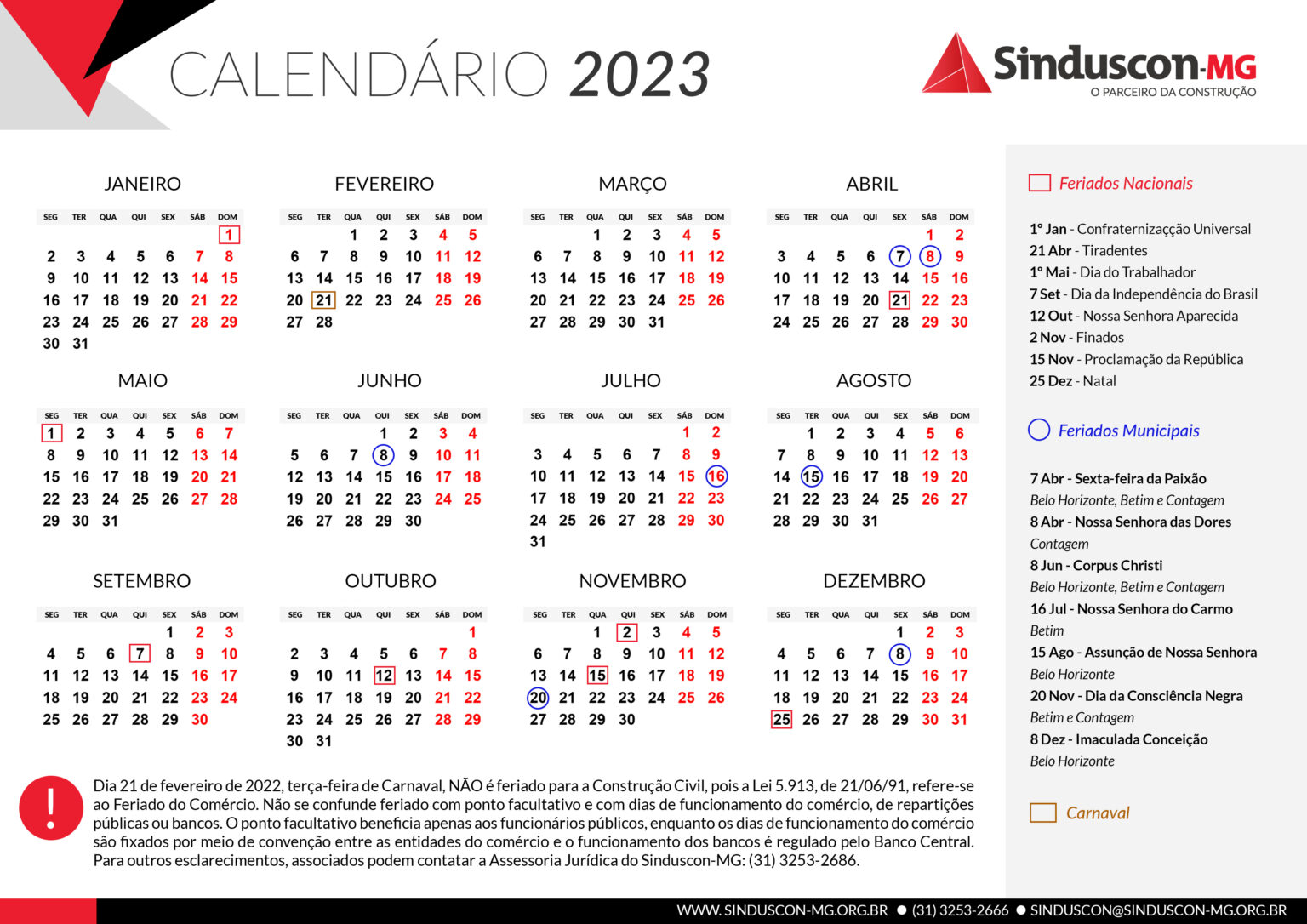 Calendário 2023 de Feriados da Construção Civil Sinduscon MG